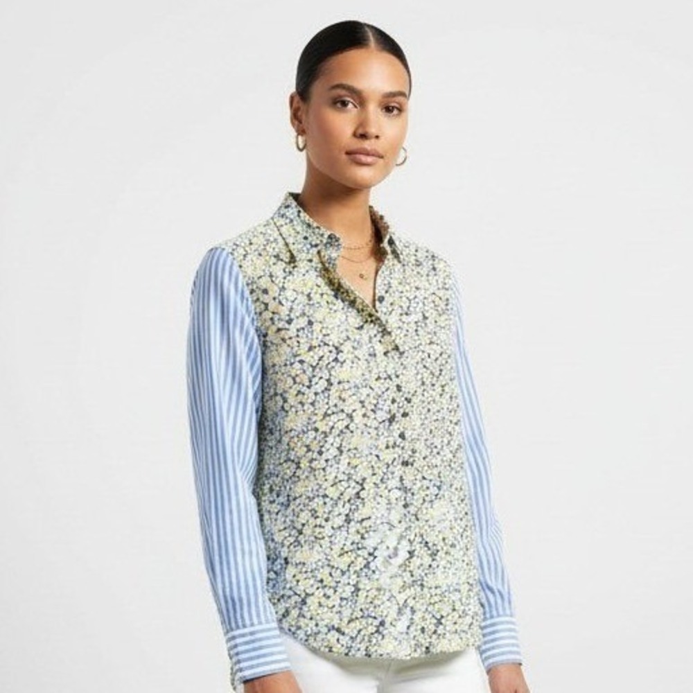Equipment Femme Silk Floral Striped Mixed Print Button Down Shirt XS Blouse